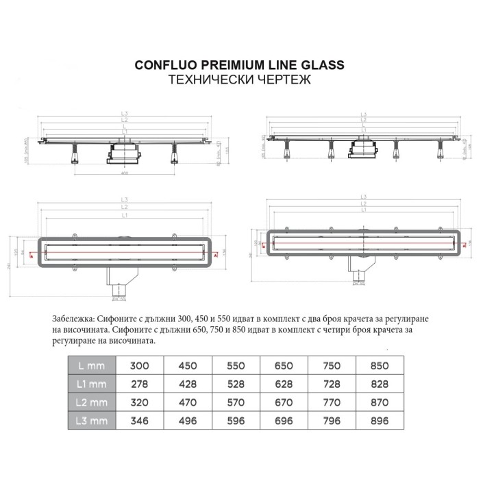 Линеен сифон CONFLUO Line Glass - 450mm